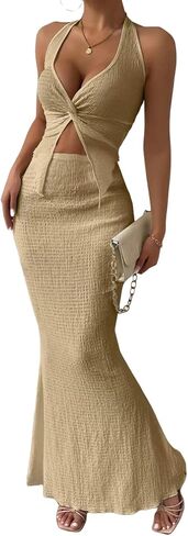Skirt Sets Women 2 Piece Outfits Summer V-Neck Tops and High Waist Casual Long Skirt in Saudi Arabia
