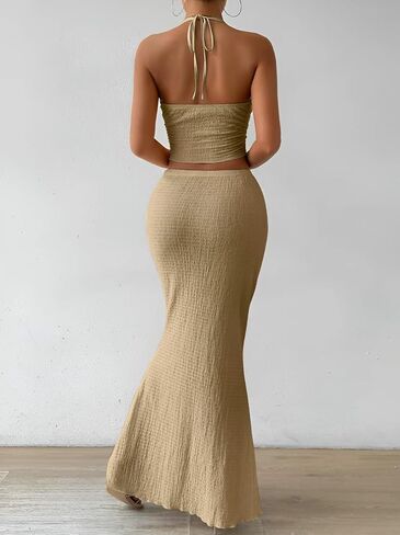 Skirt Sets Women 2 Piece Outfits Summer V-Neck Tops and High Waist Casual Long Skirt in Saudi Arabia