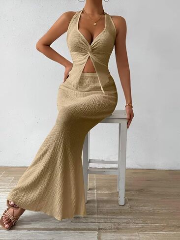 Skirt Sets Women 2 Piece Outfits Summer V-Neck Tops and High Waist Casual Long Skirt in Saudi Arabia