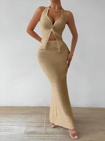 Skirt Sets Women 2 Piece Outfits Summer V-Neck Tops and High Waist Casual Long Skirt in Saudi Arabia