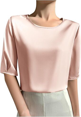 Women's Satin Blouse Dressy Casual Half Sleeve Silk Tops Crewneck Short Sleeve Business Office Work Shirt Tee Tshirt in Saudi Arabia