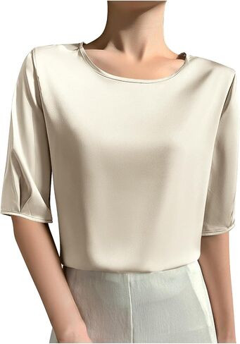 Women's Satin Blouse Dressy Casual Half Sleeve Silk Tops Crewneck Short Sleeve Business Office Work Shirt Tee Tshirt in Saudi Arabia