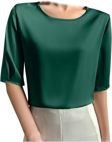 Women's Satin Blouse Dressy Casual Half Sleeve Silk Tops Crewneck Short Sleeve Business Office Work Shirt Tee Tshirt in Saudi Arabia