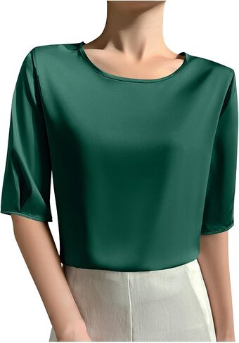 Women's Satin Blouse Dressy Casual Half Sleeve Silk Tops Crewneck Short Sleeve Business Office Work Shirt Tee Tshirt in Saudi Arabia