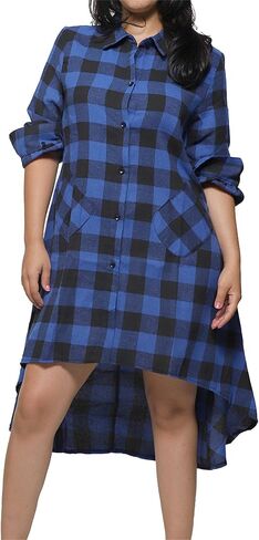 Womens Plaids V Neck Long Sleeve Dress Irregular Hem Button Casual Shirt Dress Fashion Printing Shirt Dress Pocket in Kuwait
