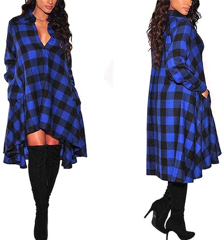 Womens Plaids V Neck Long Sleeve Dress Irregular Hem Button Casual Shirt Dress Fashion Printing Shirt Dress Pocket in Kuwait
