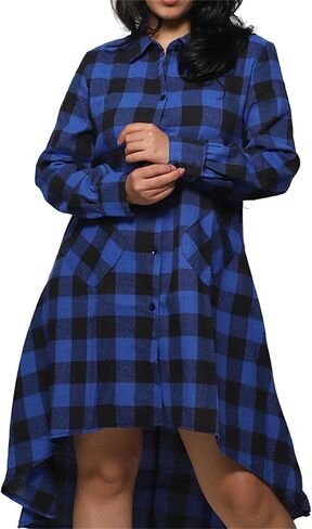 Womens Plaids V Neck Long Sleeve Dress Irregular Hem Button Casual Shirt Dress Fashion Printing Shirt Dress Pocket in Kuwait