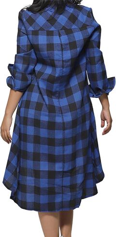 Womens Plaids V Neck Long Sleeve Dress Irregular Hem Button Casual Shirt Dress Fashion Printing Shirt Dress Pocket in Kuwait