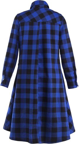 Womens Plaids V Neck Long Sleeve Dress Irregular Hem Button Casual Shirt Dress Fashion Printing Shirt Dress Pocket in Kuwait