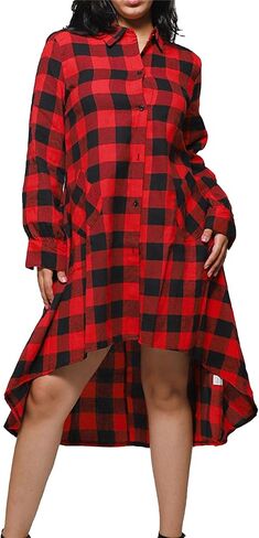 Womens Plaids V Neck Long Sleeve Dress Irregular Hem Button Casual Shirt Dress Fashion Printing Shirt Dress Pocket in Kuwait
