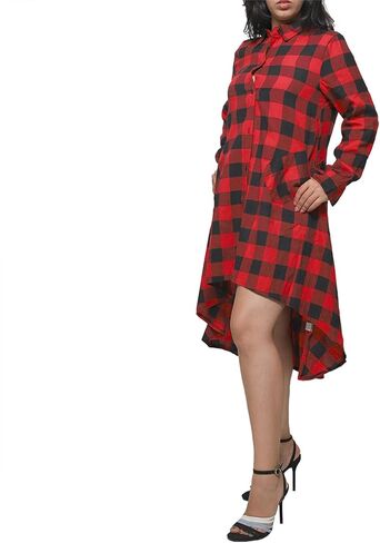 Womens Plaids V Neck Long Sleeve Dress Irregular Hem Button Casual Shirt Dress Fashion Printing Shirt Dress Pocket in Kuwait