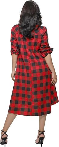 Womens Plaids V Neck Long Sleeve Dress Irregular Hem Button Casual Shirt Dress Fashion Printing Shirt Dress Pocket in Kuwait