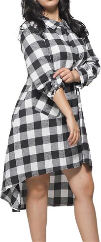 Womens Plaids V Neck Long Sleeve Dress Irregular Hem Button Casual Shirt Dress Fashion Printing Shirt Dress Pocket in Kuwait