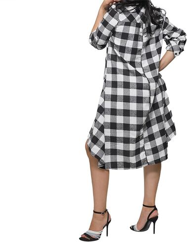 Womens Plaids V Neck Long Sleeve Dress Irregular Hem Button Casual Shirt Dress Fashion Printing Shirt Dress Pocket in Kuwait