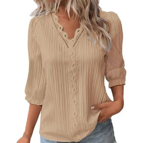 Womens Dressy Casual Tops 3/4 Sleeve Lace Trim V Neck Shirts Elbow Length Blouse Elegant Trendy Summer Tunic Tshirts