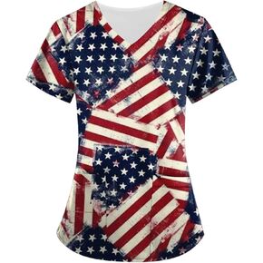 HXHYQKP Fourth of July Scrub Tops Women Scrubs for Women Patriotic Shirts V Neck Pattern Short Sleeve Nursing Top