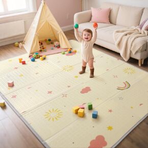 Extra Large Foldable Play Mat, Reversible Baby Play Mat with Edge Reinforcement, Non-Toxic & Waterproof Baby Mat for Floor, Foam Playmat for Infants Toddlers, Rainbow, Cloud & Moon, 50''x50''