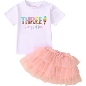 KEKEMI Toddler Girl Birthday Outfits 2nd 3rd 4th 5th 6th 7th Ice Cream Birthday Shirts Tutu Skirt Set Cake Smash 2Pcs Outfit