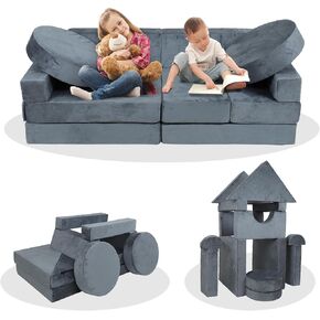 14Pcs Modular Kids Play Couch, Child Sectional Sofa Imaginative Furniture Play Set for Creative Kids, Toddler to Teen Bedroom Furniture, Girls and Boys Playroom Convertible Sofa (Foam, Blue)