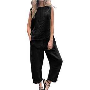 2 Piece Women Summer Lounge Cotton Linen Set Sleeveless Crew Neck Shirt Wide Leg Pants Set Travel Vacation Outfits