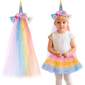 Two-Piece-Set Baby Girls Layered Tutu Skirt Pink Rainbow Sparkling Sequin Tulle Skirt for Little Girls Dress Up with Pink Unicorn Tutu Headband, for 1-2 Year