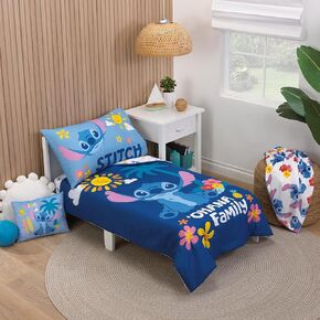 NoJo Disney S is for Stitch 4 Piece Toddler Bed Set Includes a Comforter, Fitted Bottom Sheet, Flat top Sheet, and Reversible Pillowcase. Features Fun and Playful Stitch in a Tropical Pattern