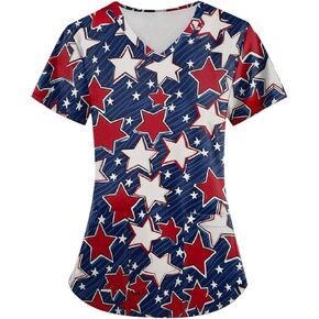 HXHYQKP Nurse Fourth of July Shirt Short Sleeve Memorial Day T-Shirt Pattern Nursing Working Uniform Caregiver Top