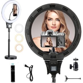 Foto&Tech 12 inch Ring Light Dimmable Tricolor LED Selfie Ring Light with Tabletop Light Stand & Wireless Remote for Camera Smartphone Live Streaming Photo Video Recording Make Up Vlog Lighting Ring
