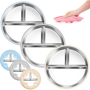 Bella's Friends Stainless Steel Kids Plates 8" Suction Plate for Baby,3 Packs Non-Toxic Divided Toddler Plates,Food-Grade Silicone Plate for Baby,Dishwasher Safe,grey,blue,dark blue