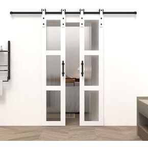 32 x 84 Inch Glass Sliding Barn Door Slab and 5.5ft Hardware Kit Included, 5 Frosted Glass, LVL Wood Panel Covered with White Water-Proof Scratch-Resistant PVC Surface, Simple DIY Assembly