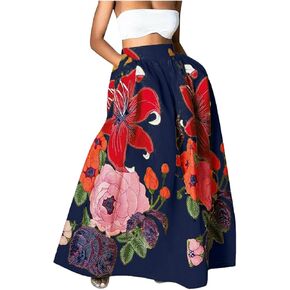 Womens's Boho Maxi Skirts Elastic High Waist Trendy Summer Casual Vintage Floral Print A Line Long Skirt with Pocket