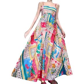 Dresses for Women Sexy Off-The-Shoulder Sleeveless Graffiti Print Smocked Dress high Waist Swing Maxi Dresses