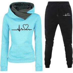 Lastesso Womens Jogger Sets 2 Piece Outfits Fashion Heart Print High Neck Warm Track Suits Comfy Ladies Loungewear Sets