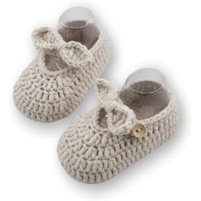 Handcrafted Baby Booties, Knit Crochet Mary Jane Style, Beige, Button Closure