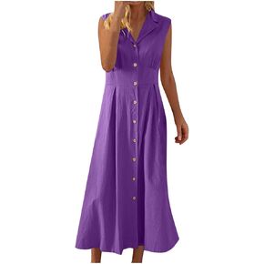 Womens Cotton Linen Button Down Shirt Dress Sleeveless Business Casual Collared Work Dresses Summer Clothes Outfits