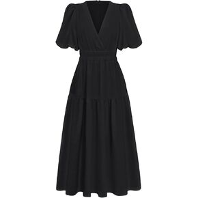 2024 Women Elegant Wrap V Neck Midi Sleeve Maxi DressTrendy Soild Flowy Beach Casual Short Sleeve Square Tiered Ruffle