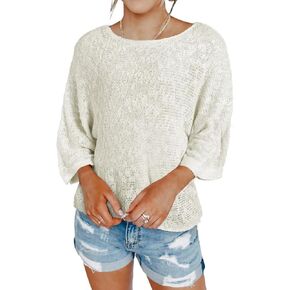 Fall Sweater for Women Casual Color Block Shirts Lightweight 3/4 Sleeve Pullover Knit Tops Crewneck Sweatshirts