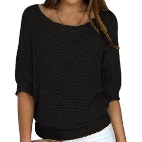 JEsilunmaMY Women's Elegant Crewneck Sweater Top 3/4 Sleeve Loose Knit Pullover Tunic Blouse Solid Color Fall Fashion Clothes in Kuwait