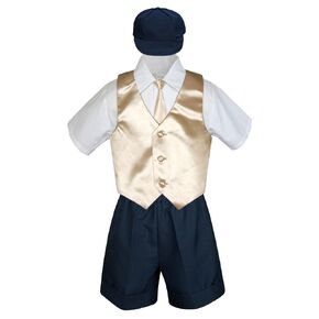 5pc Baby Toddler Boys Champagne Vest Necktie Navy Blue Shorts Cap S-4T (4T)