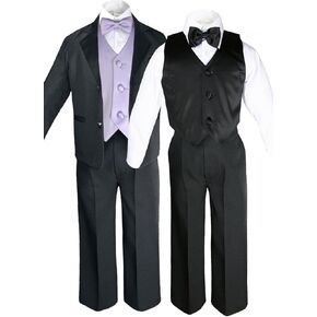 7pcs Boys Black Suits Tuxedo with Satin Lilac Bow Tie Vest Set (S-20)