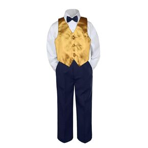 4pc Baby Toddler Kid Boys Gold Vest Navy Blue Pants Bow Tie Suits Set (6)