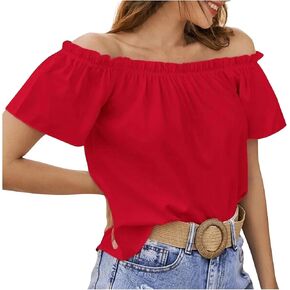 Women's Off Shoulder Ruffle Short Sleeve Ruched Shirts Dressy Casual Loose Blouse Summer Elegant Work Office Beach Tops