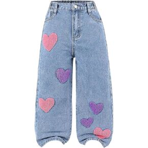 SOLY HUX Toddler Girl's Cute Heart Embroidery Jeans High Elastic Waist Wide Leg Denim Pants