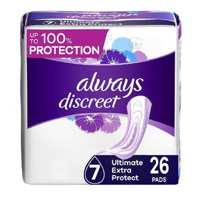 Always Discreet Incontinence Pads for Women and Postpartum Pads, Ultimate Extra Protect, 26 CT, up to 100% Bladder Leak Protection