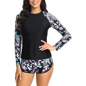 Women's Long Sleeve Swimsuit UPF 50+ Rash Guard Bathing Shit Floral Swim Shirt and Boyshort Two Piece Swimsuits