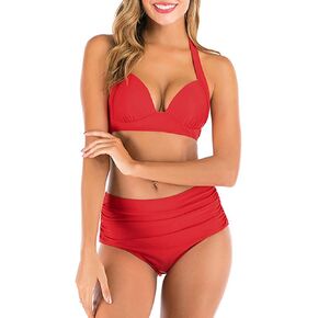Women Push Up Two Piece Bikini Swimsuits Printing Padded Swimwear Bathing Suit V Neck Halter Retro Bathing Suit Top