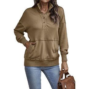 DGHM-JLMY Women's Button Fashion Street Sweater Long Sleeve Oversized Hooded Sweatshirt With Pockets Henley Hoodies Pullover