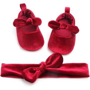 Baby Girls Princess Bowknot Shoes Soft Cloth Sole Velvet Cloth Crib Shoes+Cute Headband 2pcs Accessary (Red, 11)