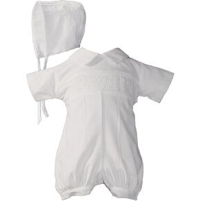 Baby Boys White Cotton Smocked Romper Bonnet Baptism Outfit Set 0-12M