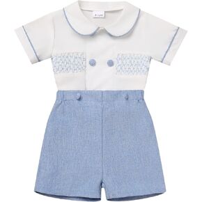 ODASDO Baby Boy Smocked Outfit Toddler Kids Short Sleeve Shirt and Shorts Set for Birthday Party Cake Smash Wedding Baptism